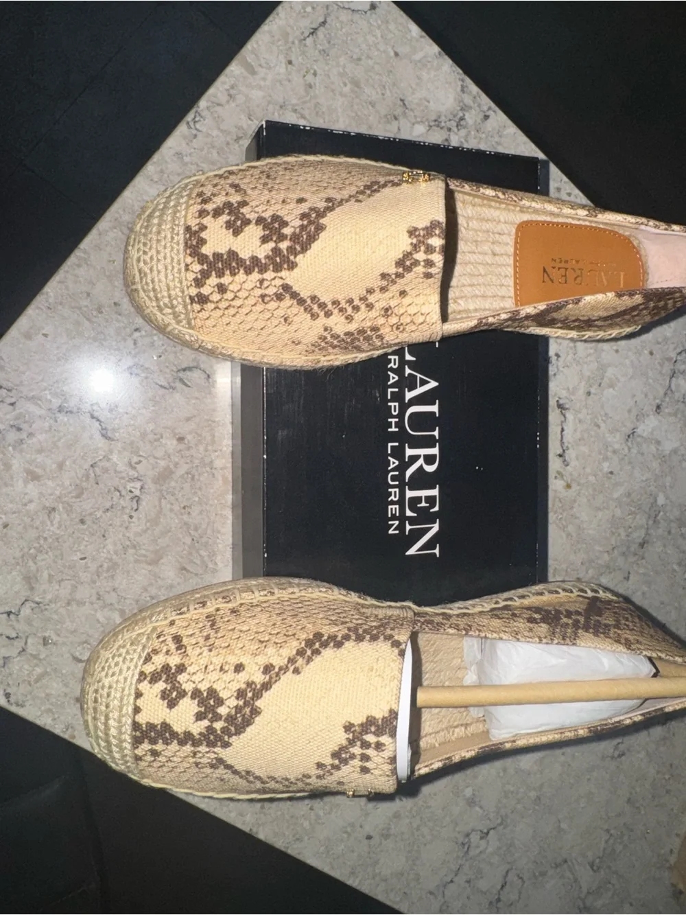Ralph Lauren Beige and Brown Snake-Print Espadrille Flats